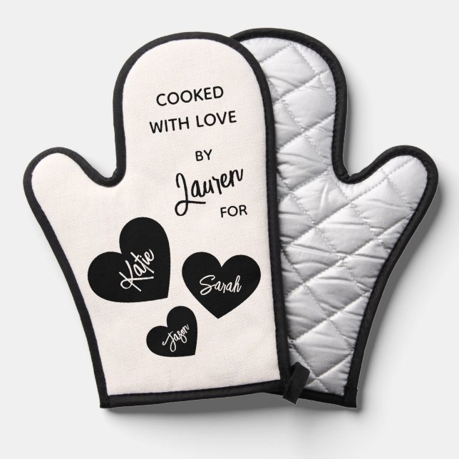 Manoplas Cocinado con amor, negro y blanco personalizado (Anverso/Reverso)