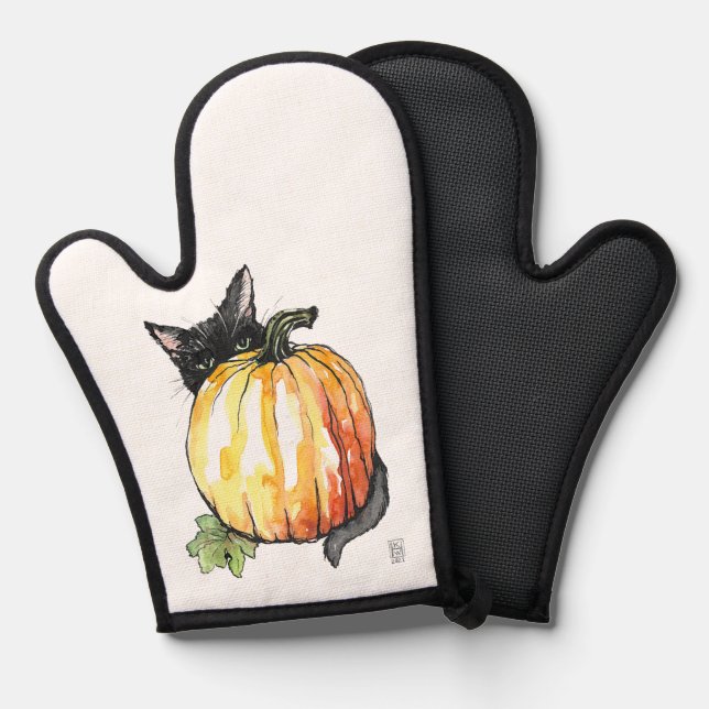 Manoplas Gato negro detrás de la calabaza Oven Mitt (Anverso/Reverso)