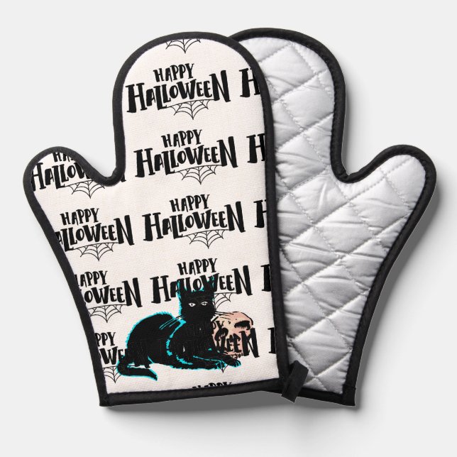 Manoplas Gato y cráneo Feliz Halloween (Anverso/Reverso)