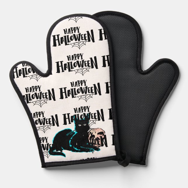 Manoplas Gato y cráneo Feliz Halloween (Anverso/Reverso)