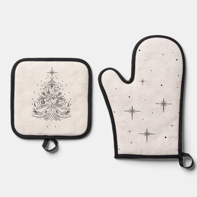 Manoplas Navidades de árbol sin tiempo Oven Mitt Set | Lino (Anverso)
