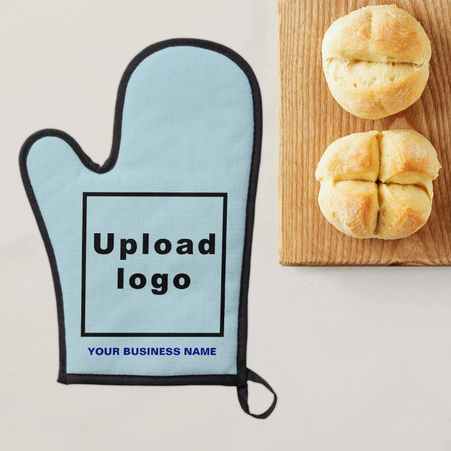 Manoplas Nombre comercial y logotipo en Light Blue Oven Mit (Business name and logo on light blue oven mitt)