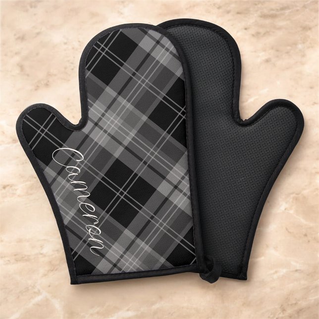 Manoplas Personalizado personalizado de papel negro de sili (MISOOK Black Grey Plaid Oven Mitt with Name)