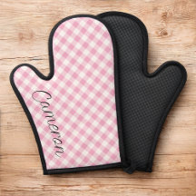 Pink Gingham Oven Mitt con nombre personalizado