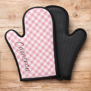 Manoplas Pink Gingham Oven Mitt con nombre personalizado