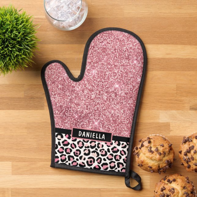 Manoplas Purpurina rosa Leopard Print Shimmer personalizado (De arriba hacia abajo)