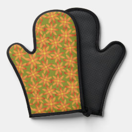 Manoplas Retro Sunburst Daisy Floral en Oliva Dorado