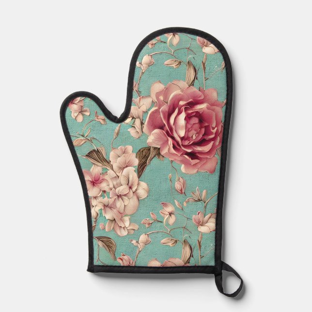 Manoplas Shabby Chic Pink and White Florals on Teal (Anverso)