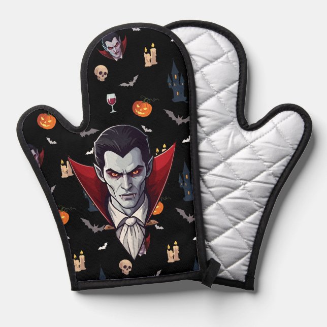 Manoplas 🧛 ‍ ♂️ Vampiro gótico Black Oven Mitt Set 🎃 🖤 (Anverso/Reverso)