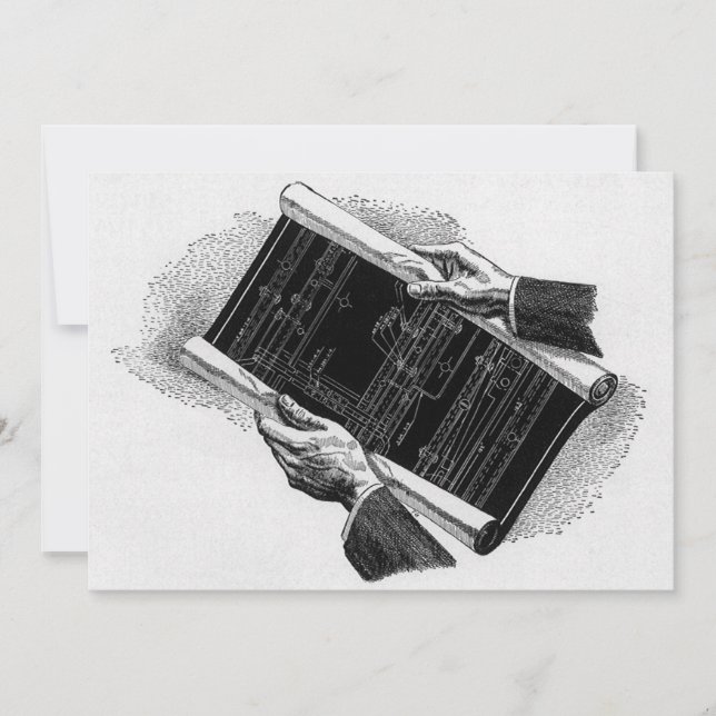 Manos con planos arquitectónicos azules vintage, N (Anverso)