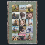 Manta 15 Collage de fotos cuadrado Keepsake Sage<br><div class="desc">El collage de fotos de diseño de 15 cuadrados arroja una manta perfecta para las fotos de instagram, con marcos de color personalizado. ¡Hace un lindo regalo para los navidades o un placer para un niño que va a la universidad! Hay más colores disponibles en mi tienda. —plantilla de fotos...</div>