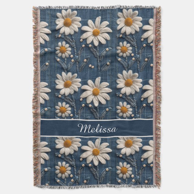 Manta 3D Daisy Embroidery Denim Custom Blanket  (Frente vertical)