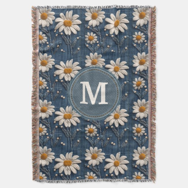 Manta 3D Daisy Embroidery Denim Custom Blanket  (Frente vertical)
