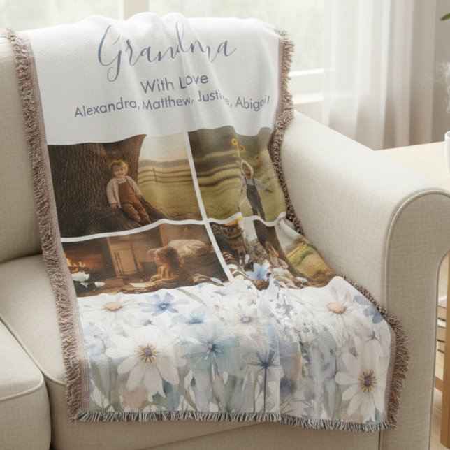 Manta Abuela Botánica de Flores Silvestres Cumpleaños Fo (Personalized Grandchildren Collage Throw blanket for Grandma)