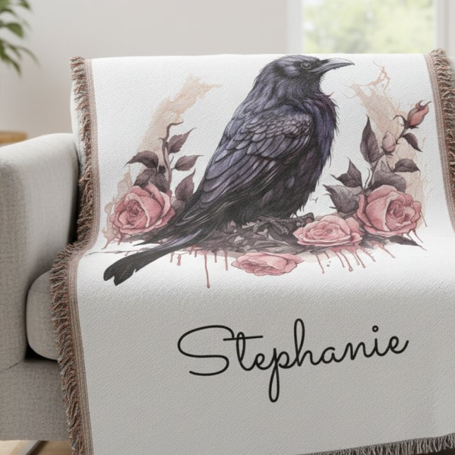 Manta Academia oscura floral de cuervo gótico (Gothic Raven and Roses blanket)