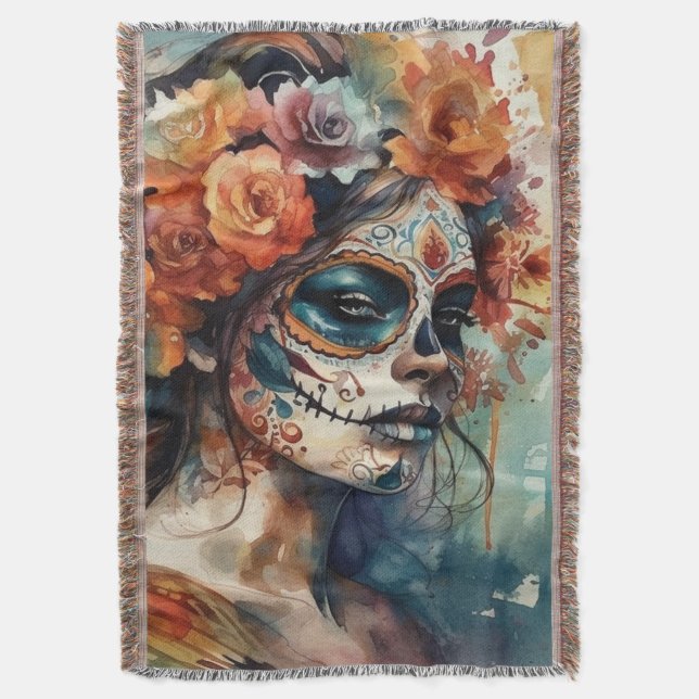 Manta Acuarela vibrante Dia de los Muertos Catrina (Frente vertical)