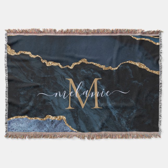 Manta Agate Navy Blue Gold Gemstone Marble Monograma (Anverso)
