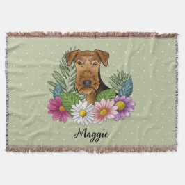 Manta Airedale Terrier con flores coloridas y nombre