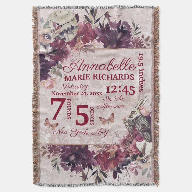 Manta Alice in Wonderland Personalizado Floral Baby Stat (Frente vertical)