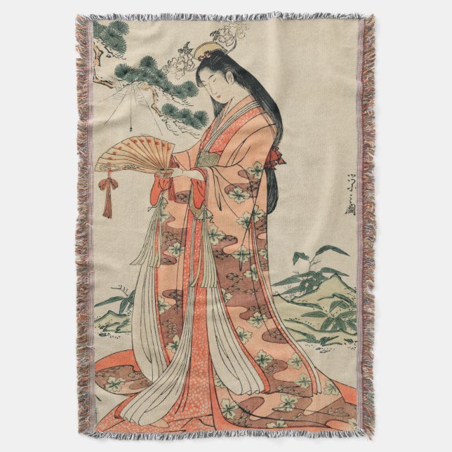 Manta Anciano dibujo de madera japonesa con mujer (Frente vertical)