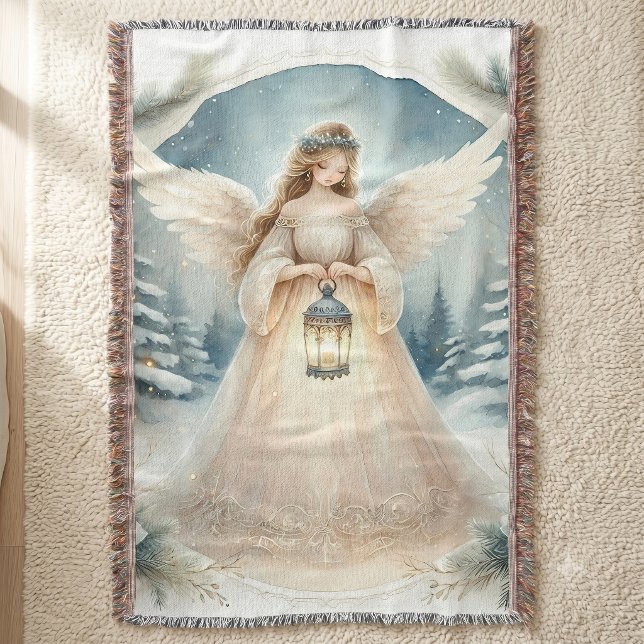 Manta Ángel Celestial de Invierno Farol de Esperanza (Celestial Winter Angel Lantern of Hope Throw Blanket)