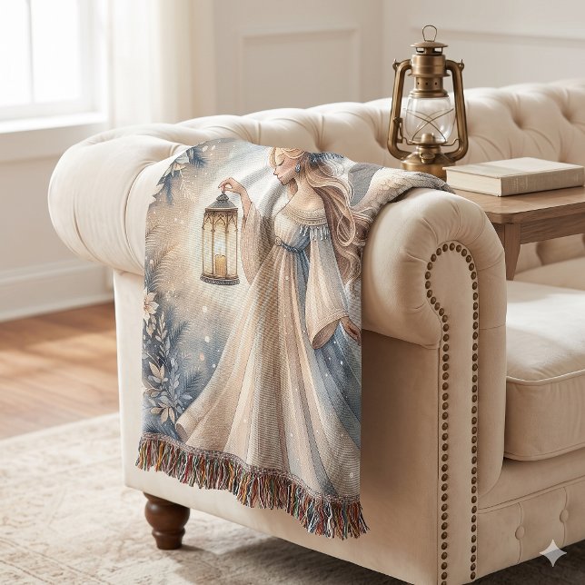 Manta Ángel Celestial de Invierno Farol de Paz (Celestial Winter Angel Lantern of Peace Throw Blanket)