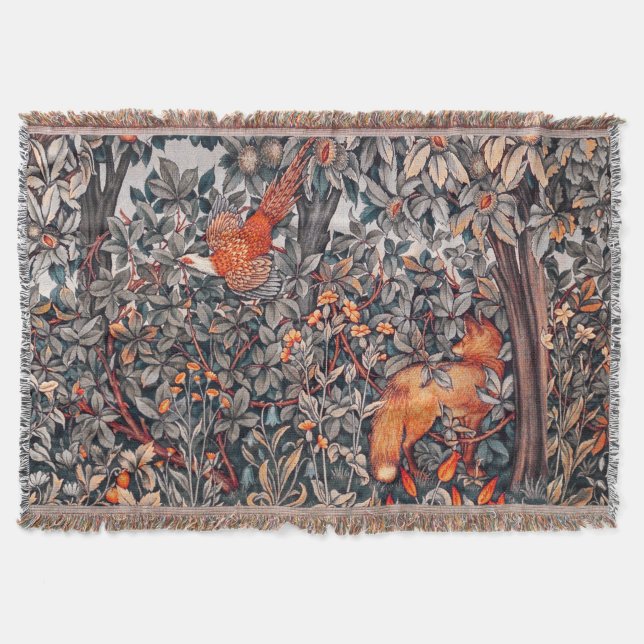 Manta ANIMALES FORESTALES Pheasant, Red Fox, Gray Floral (Anverso)