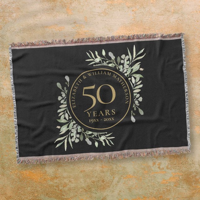 Manta Aniversario de Bodas de Oro Negro Dorado Hoja Verd (50th Wedding Anniversary Black Gold Greenery Leaf Throw Blanket)