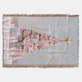 Manta Árbol de Navidad rosa y dorado con impasto