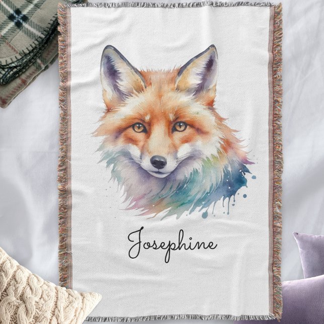 Manta Arte caprichoso de zorro rojo en acuarela personal (A personalized, fringed blanket throw, with illustration of a red fox in a watercolor style)