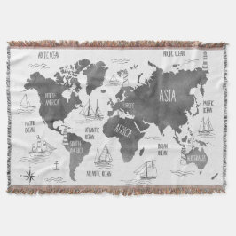 Manta Arte de Mapa Mundial Náutico Blanco Negro