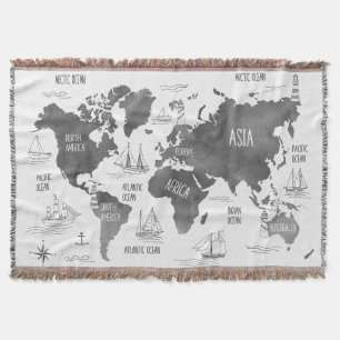Manta Arte de Mapa Mundial Náutico Blanco Negro