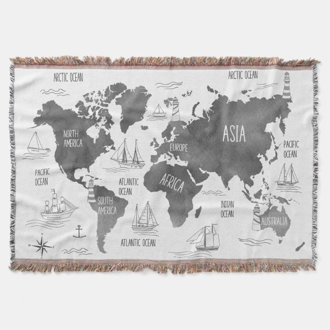 Manta Arte de Mapa Mundial Náutico Blanco Negro (Anverso)