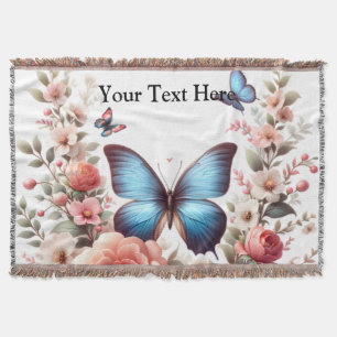 Manta Arte Floral de Mariposa Azul de Texto Personalizab