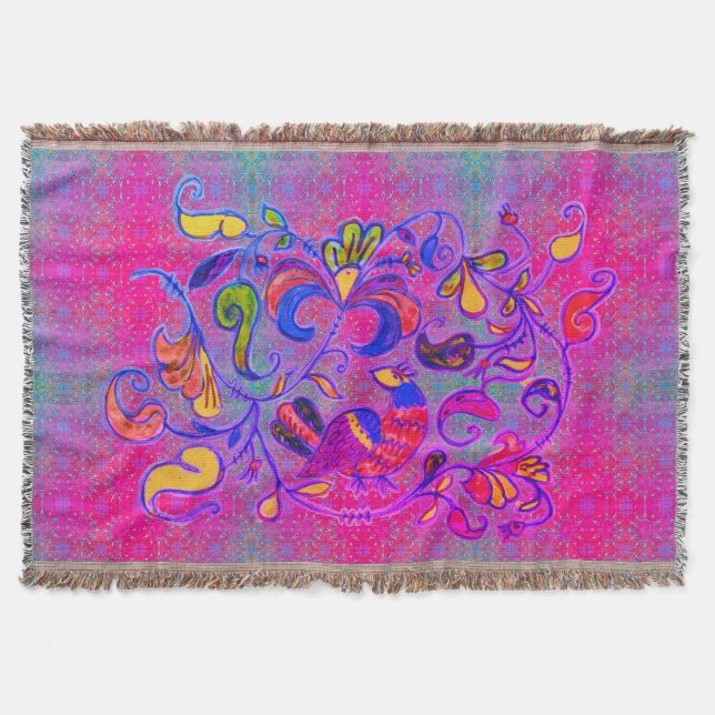 Manta Arte Popular Neon Rosemaling Bird & Leaves (Anverso)