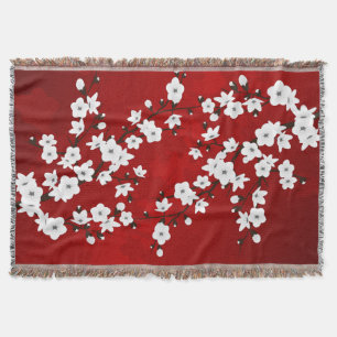 Manta Asia Floral Blanco Flor de Cerezo Roja