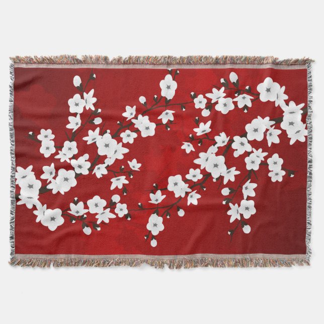Manta Asia Floral Blanco Flor de Cerezo Roja (Anverso)
