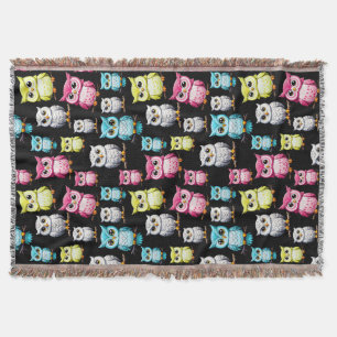 Manta Aves de búho coloridas Patrón de fondo negro