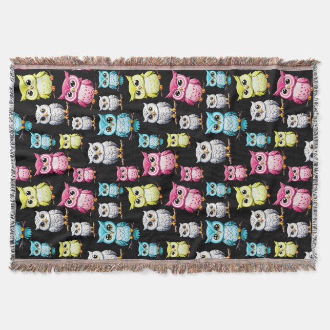 Manta Aves de búho coloridas Patrón de fondo negro (Anverso)