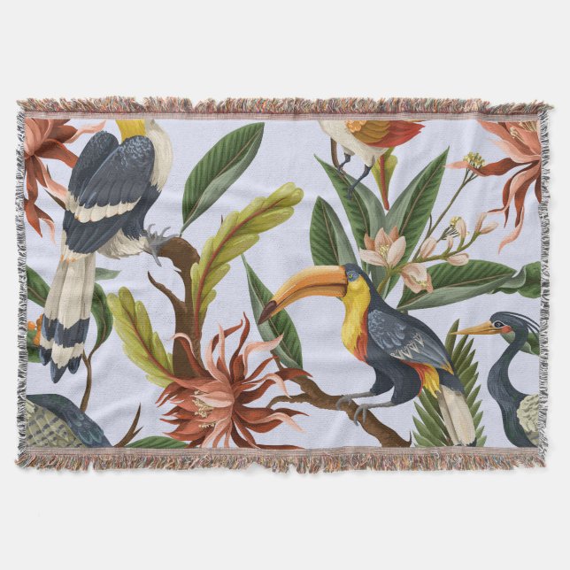 Manta Aves y Flores: Patrón Vintage tropical. (Anverso)