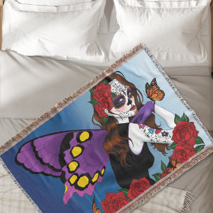 Manta Azúcar Morada Calavera Hada Rosas Rojas Monarcas G