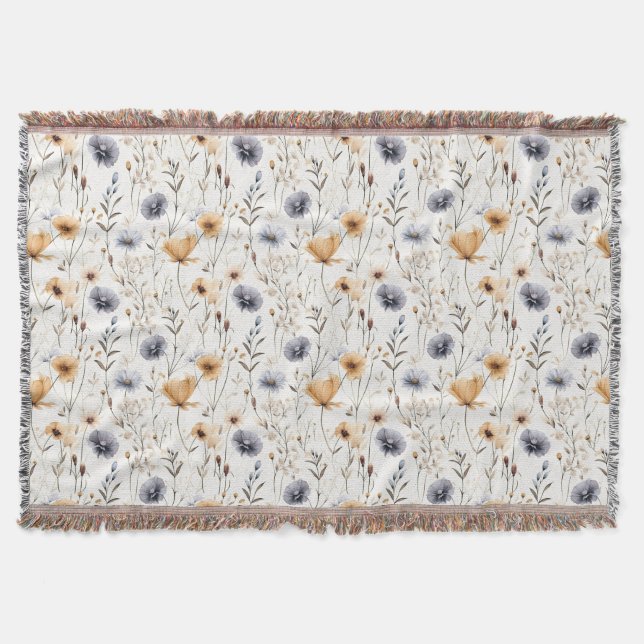 Manta Azul Gris Beige Marrón Blanco Boho Flores Botánico (Anverso)