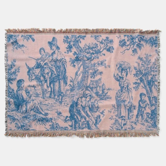 Manta Azulejos de jouy azul y rosa elegante (Anverso)