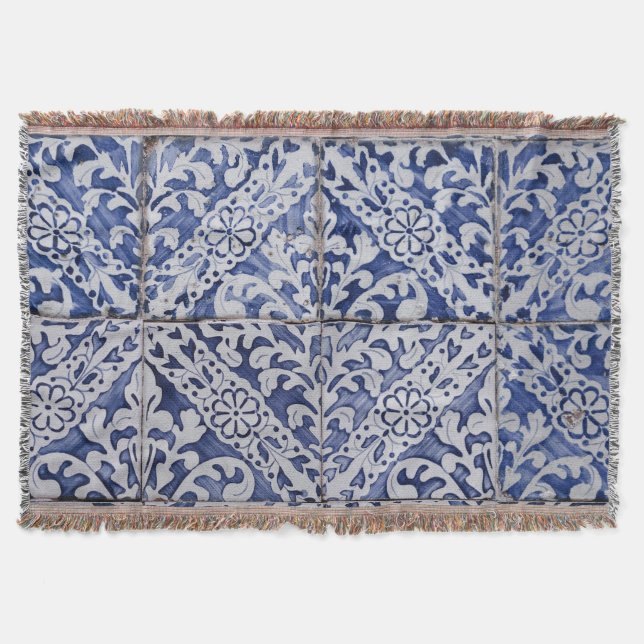 Manta Baldosas portuguesas - Azulejo Floral azul y blanc (Anverso)