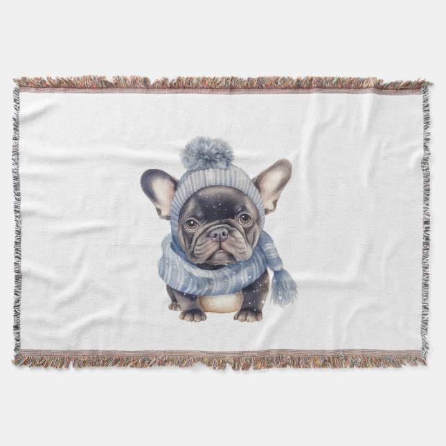 Manta Bebé Bulldog de Invierno en Gorra y Bufanda Azules (Anverso)