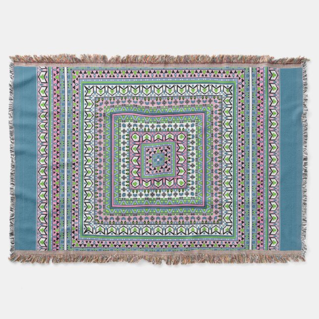 Manta Blue and green square ethnic ornament scarf (Anverso)