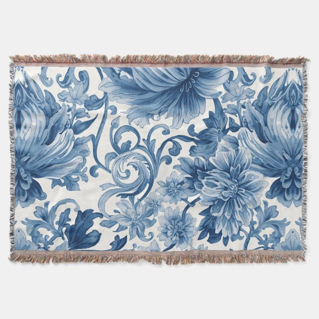 Manta Blue Dreams | Floral Watercolor Chinoiserie White (Anverso)