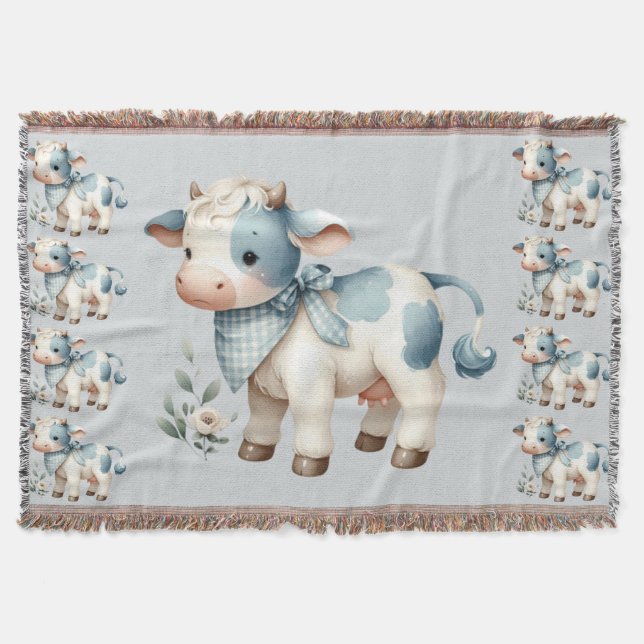 Manta Blue Gingham Baby Cow Pastel Farm Aesthetic (Anverso)