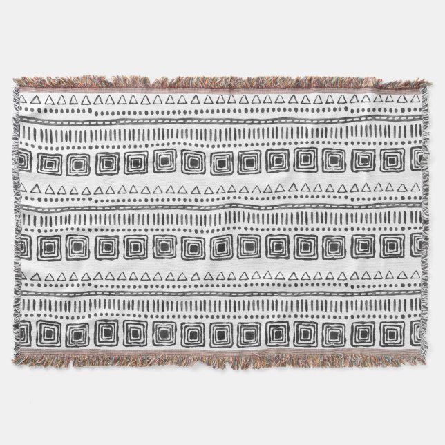 Manta Boho Ethnic Throw Blanket - Blanco y negro (Anverso)