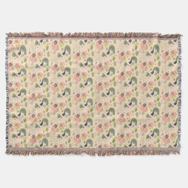 Manta Boho polvoriento sabio verde beige tropical (Anverso)